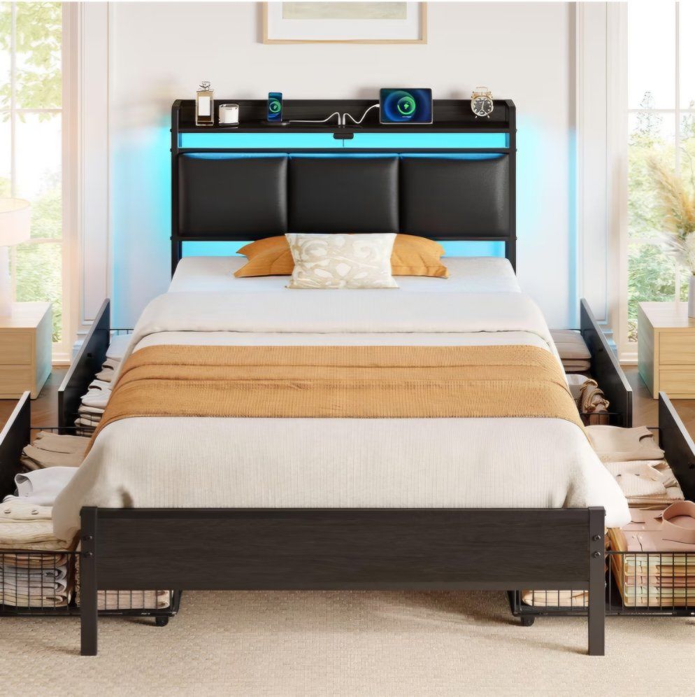 Rolanstar Bed Frame Twin Size with Charging Station and LED Lights, Upholstered Storage Headboard with Drawers, Heavy Duty Metal