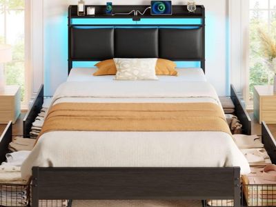 Rolanstar Bed Frame Twin Size with Charging Station and LED Lights, Upholstered Storage Headboard with Drawers, Heavy Duty Metal