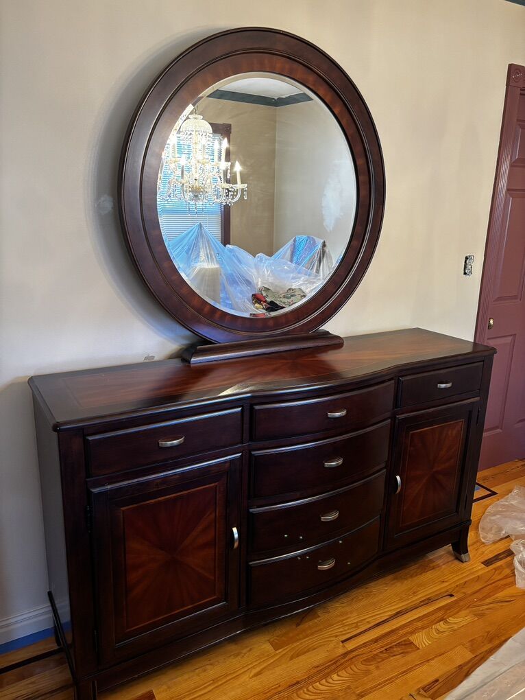 Solid Wood Dark Cherry Dresser With Maching Mirror