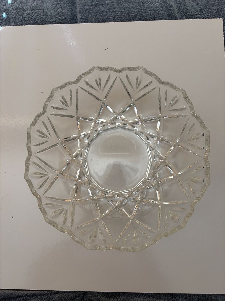 Vintage Cut Clear Glass Serving Bowl with Scalloped Edge