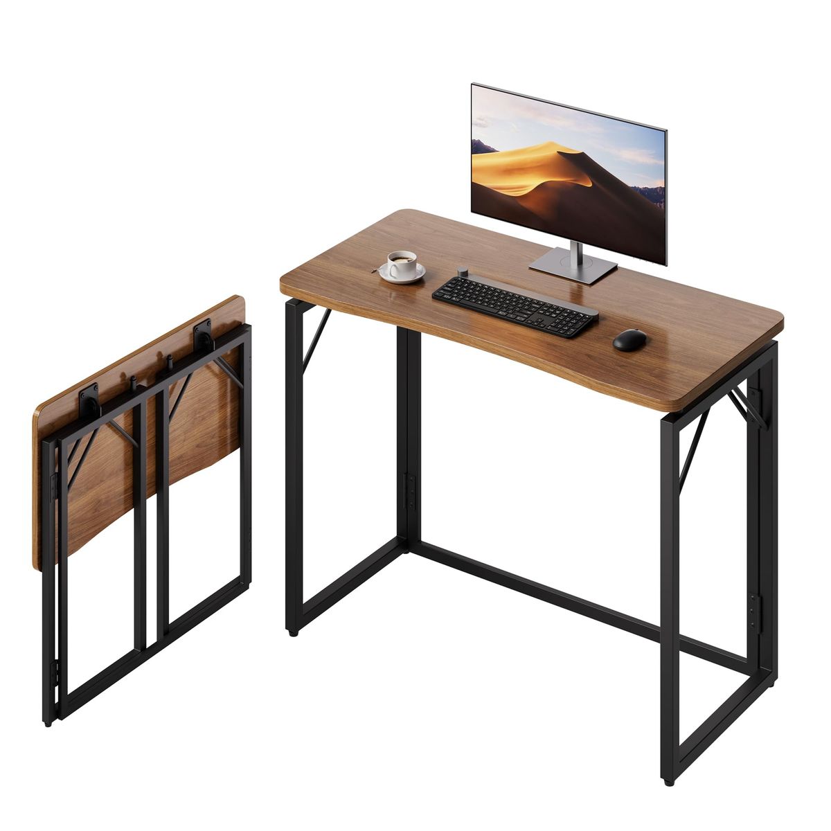New 31.5" Folding Desk - Brown, No Assembly Small Foldable Desk for Home, Office, Wooden Top Folding