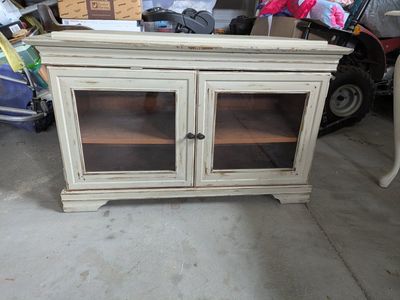 Distressed White Wood Media Console TV Stand with Glass Doors - Farmhouse Style