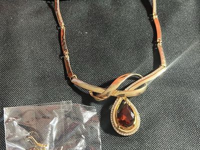 Elegant Gold Tone Teardrop Gem Necklace & Earring Set - Red Stone & Rhinestone Accents