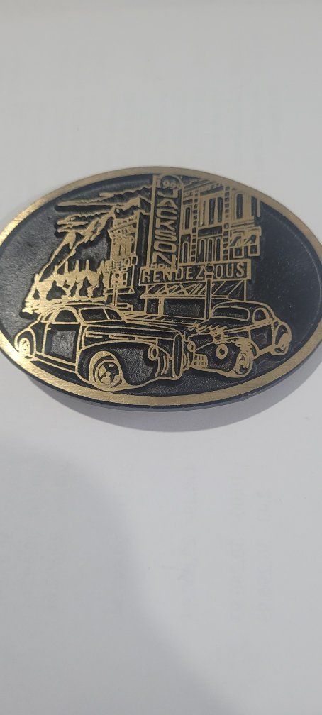Jackson Hole Vintage Dynamic MFG. Brass Rendezvous Hot Rod Car Scene Belt Buckle. year 1999