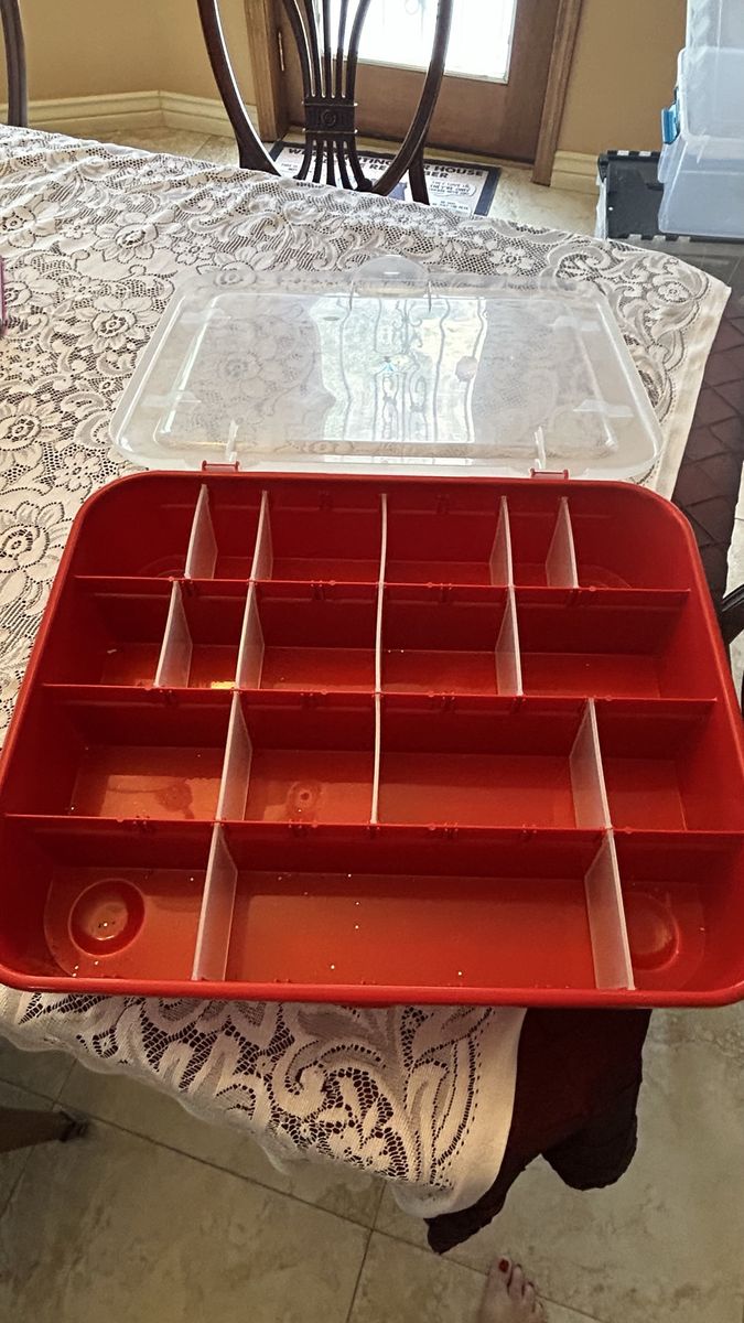 Nice red  Sterilite Christmas ornament organizer storage box