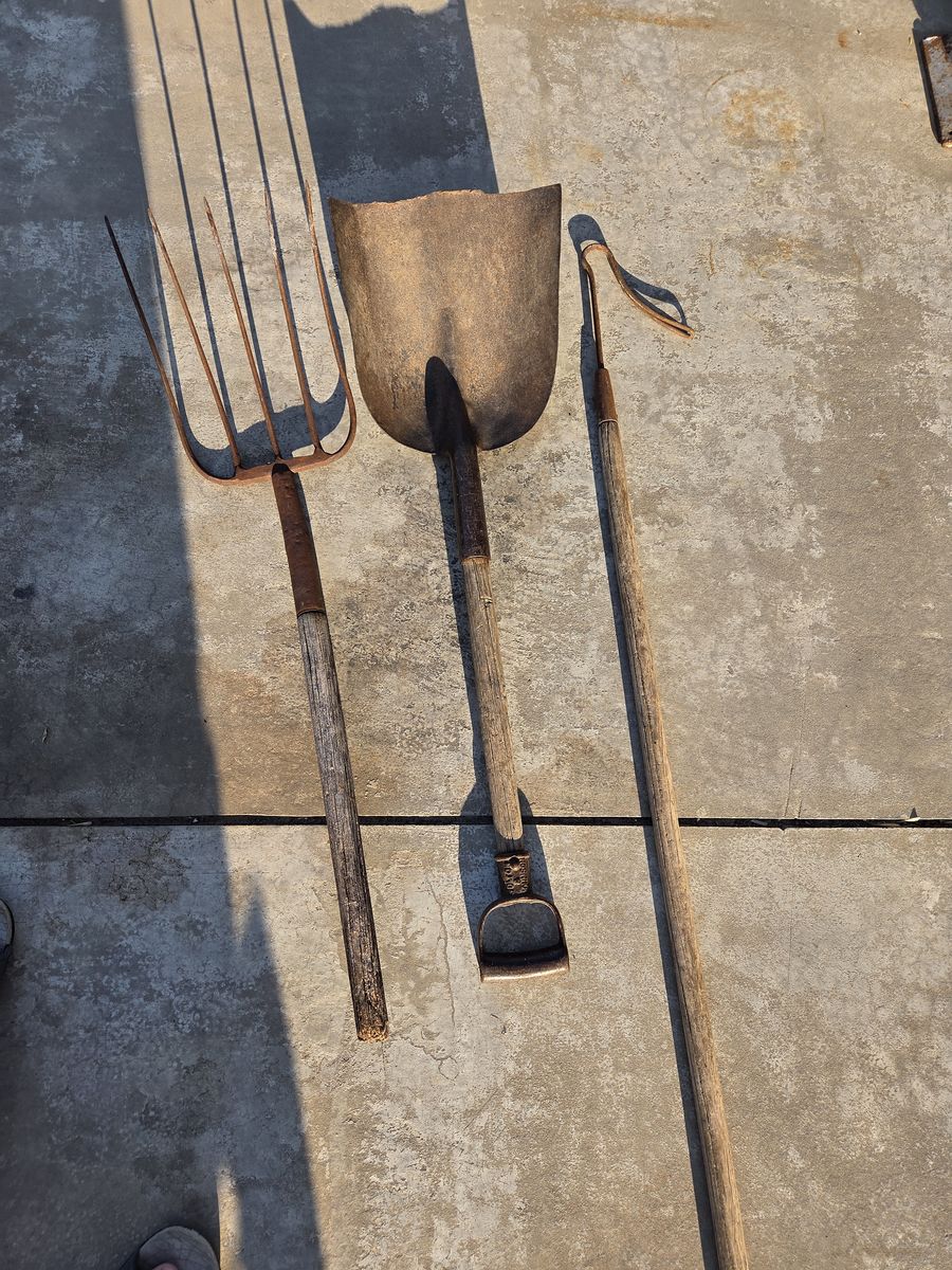 Antique Bolton Shovel, Crook, and Pitchfork