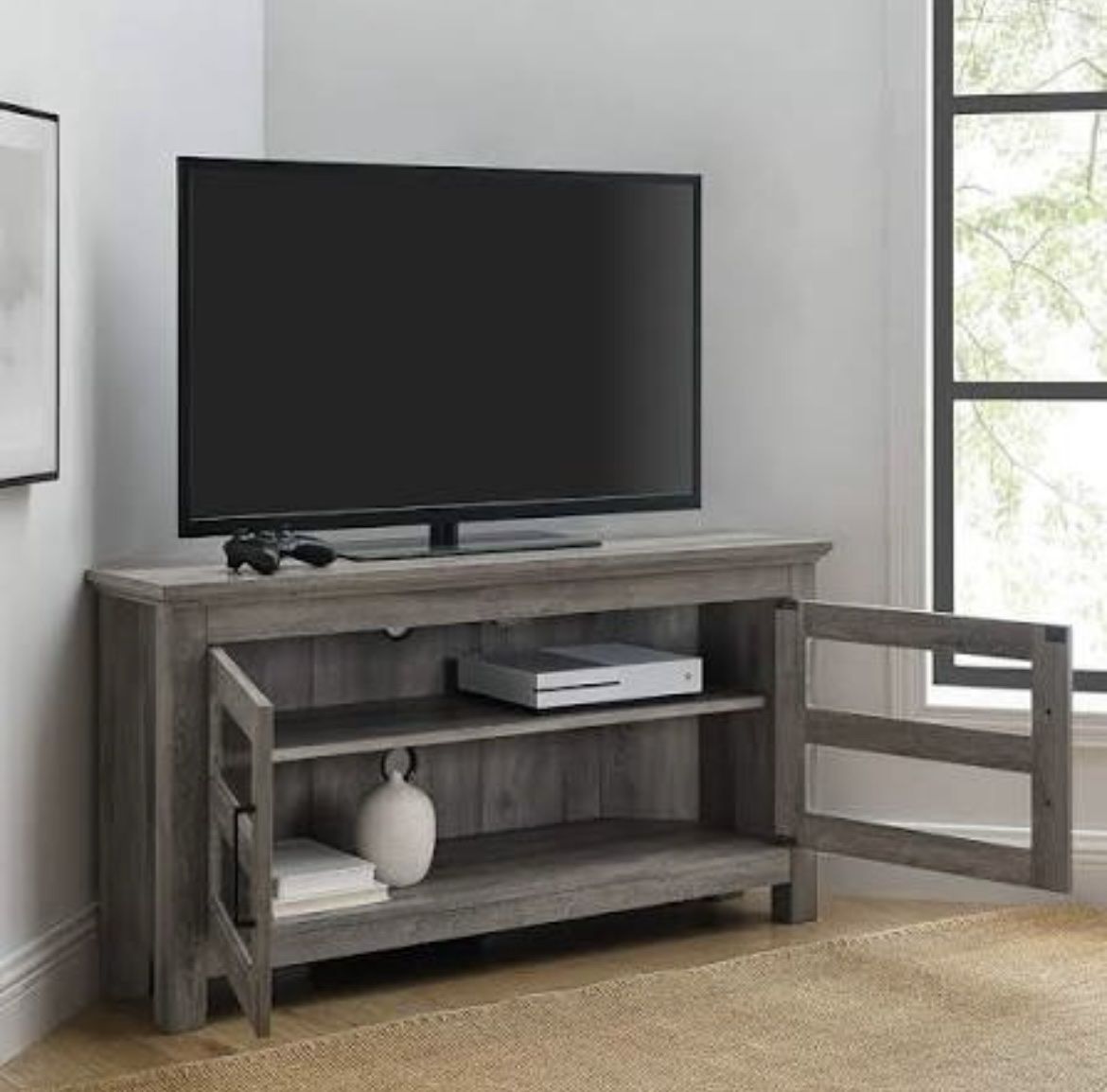 Corner TV Stand with Doors, Grey Wash, New in Box