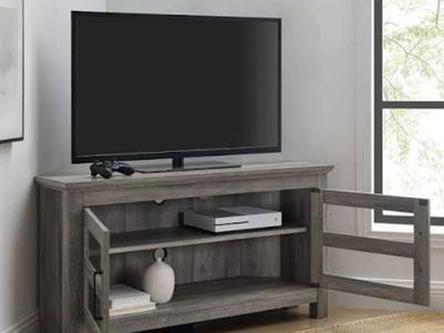 Corner TV Stand with Doors, Grey Wash, New in Box