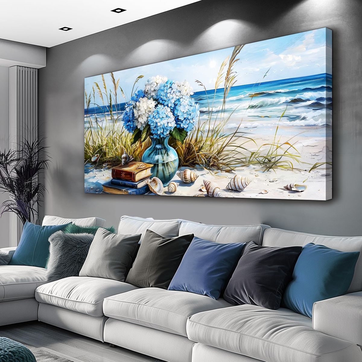 NEW 40x20 Wall Decor Wall Art Modern Blue Beach Flower Ocean Sea