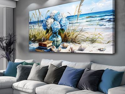 NEW 40x20 Wall Decor Wall Art Modern Blue Beach Flower Ocean Sea