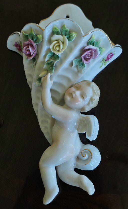 Vintage Ceramic Cherub Wall Vase - Hand-Painted Roses, Angelic Decor