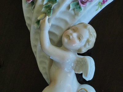 Vintage Ceramic Cherub Wall Vase - Hand-Painted Roses, Angelic Decor