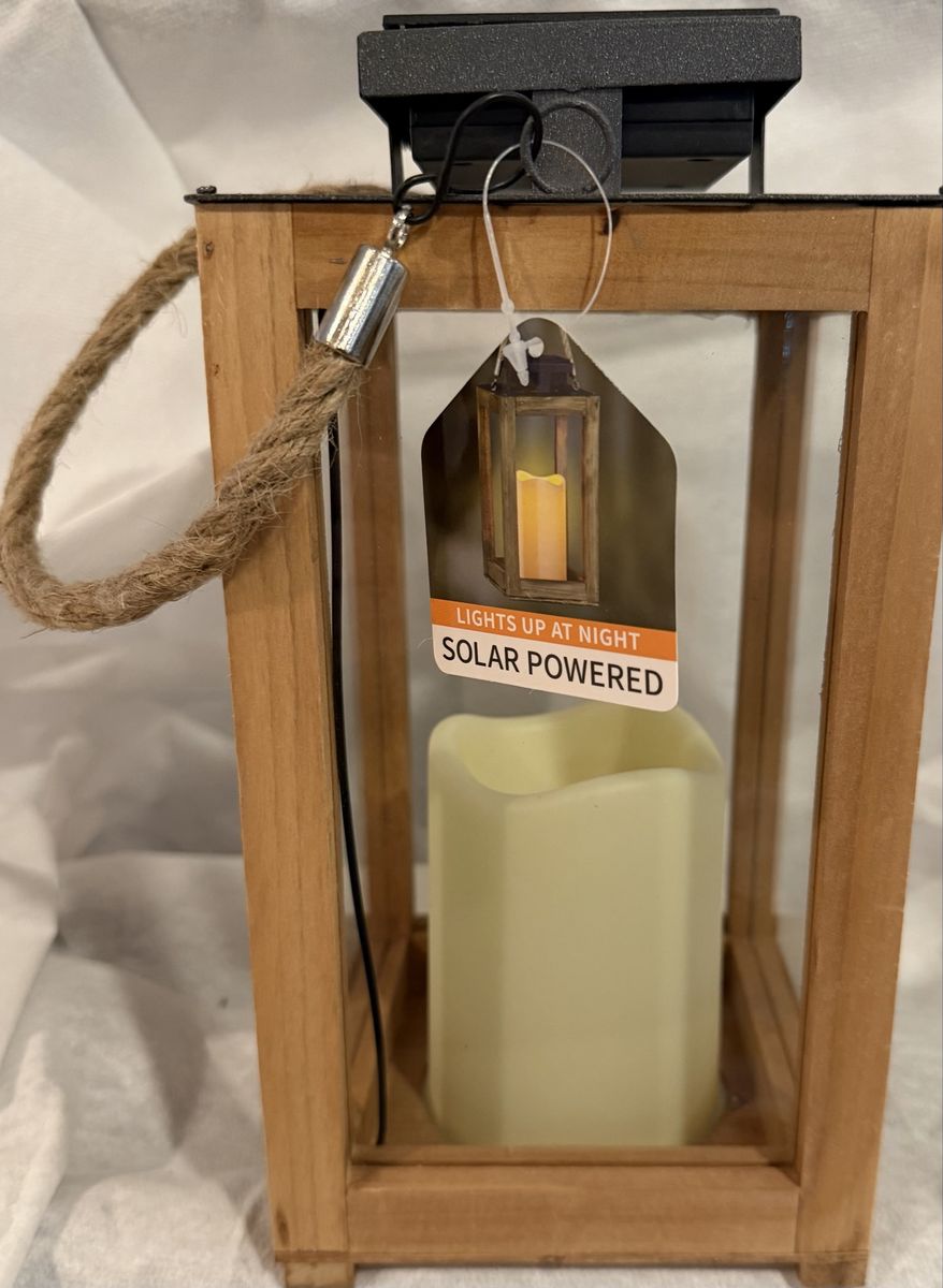 Exhart Solar Powered 11” Wooden and Glass Lantern w/ LED Candle & Rope Handle