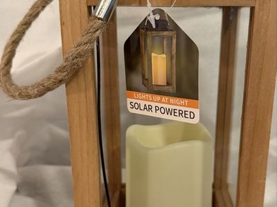 Exhart Solar Powered 11” Wooden and Glass Lantern w/ LED Candle & Rope Handle