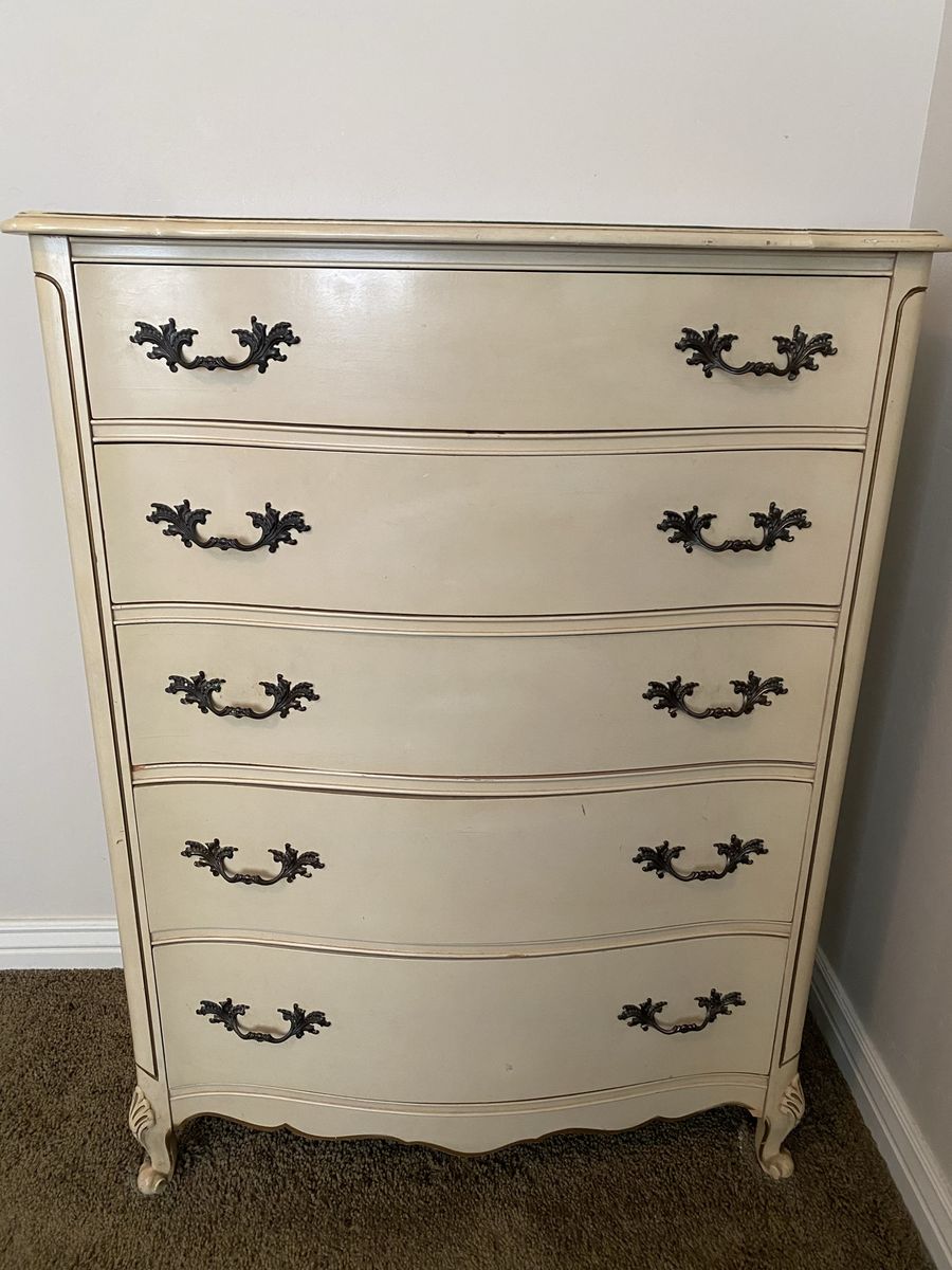 Vintage French Provincial Cream 5-Drawer Tallboy Dresser