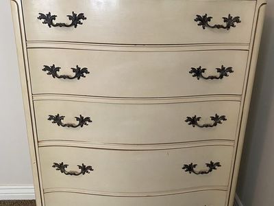 Vintage French Provincial Cream 5-Drawer Tallboy Dresser