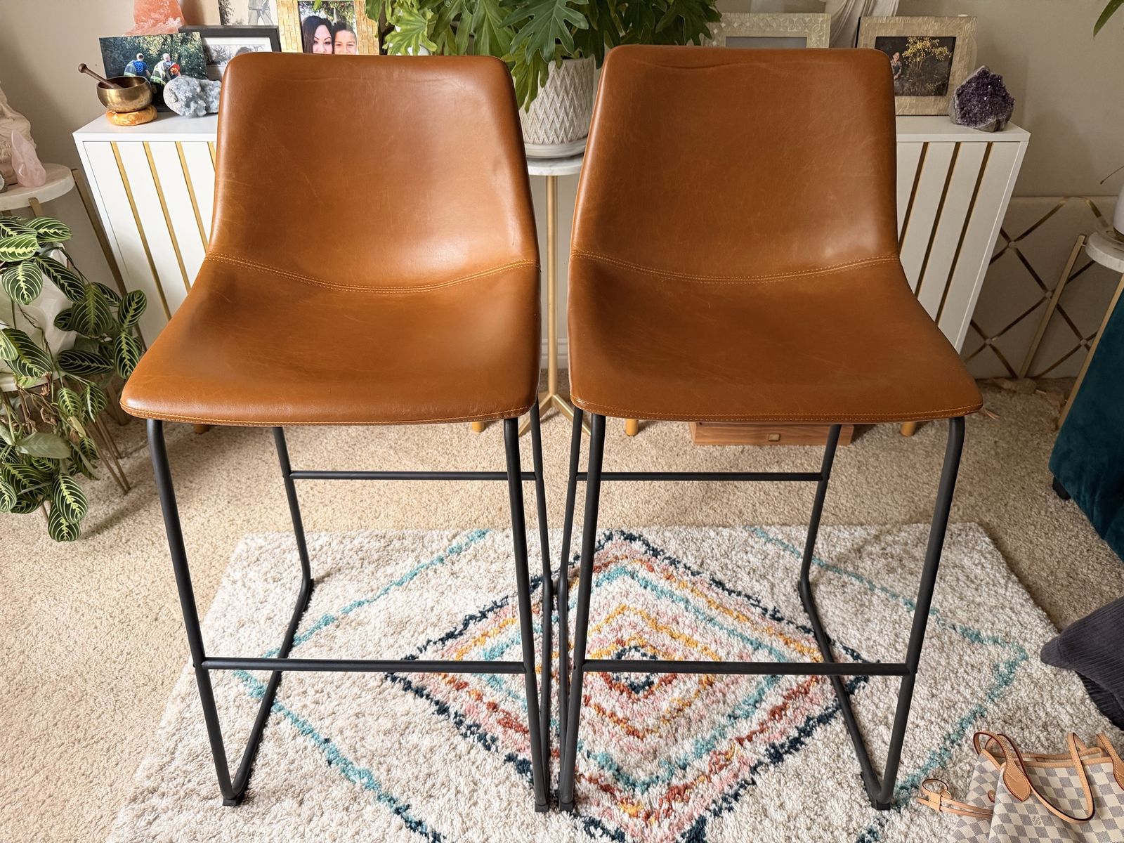 Pair of Modern Faux Leather Counter Stools - Tan Brown with Black Metal Legs, 24" Height
