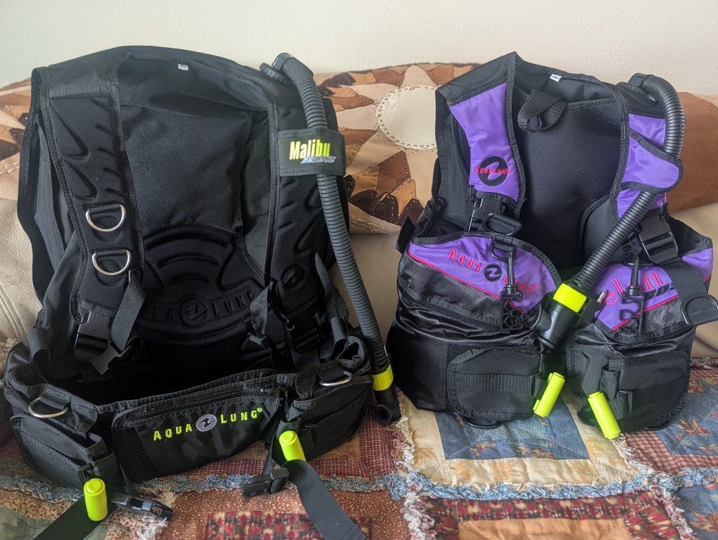 2 Aqua Lung BCD Vests.  Yellow XLG, Purple Medium.
