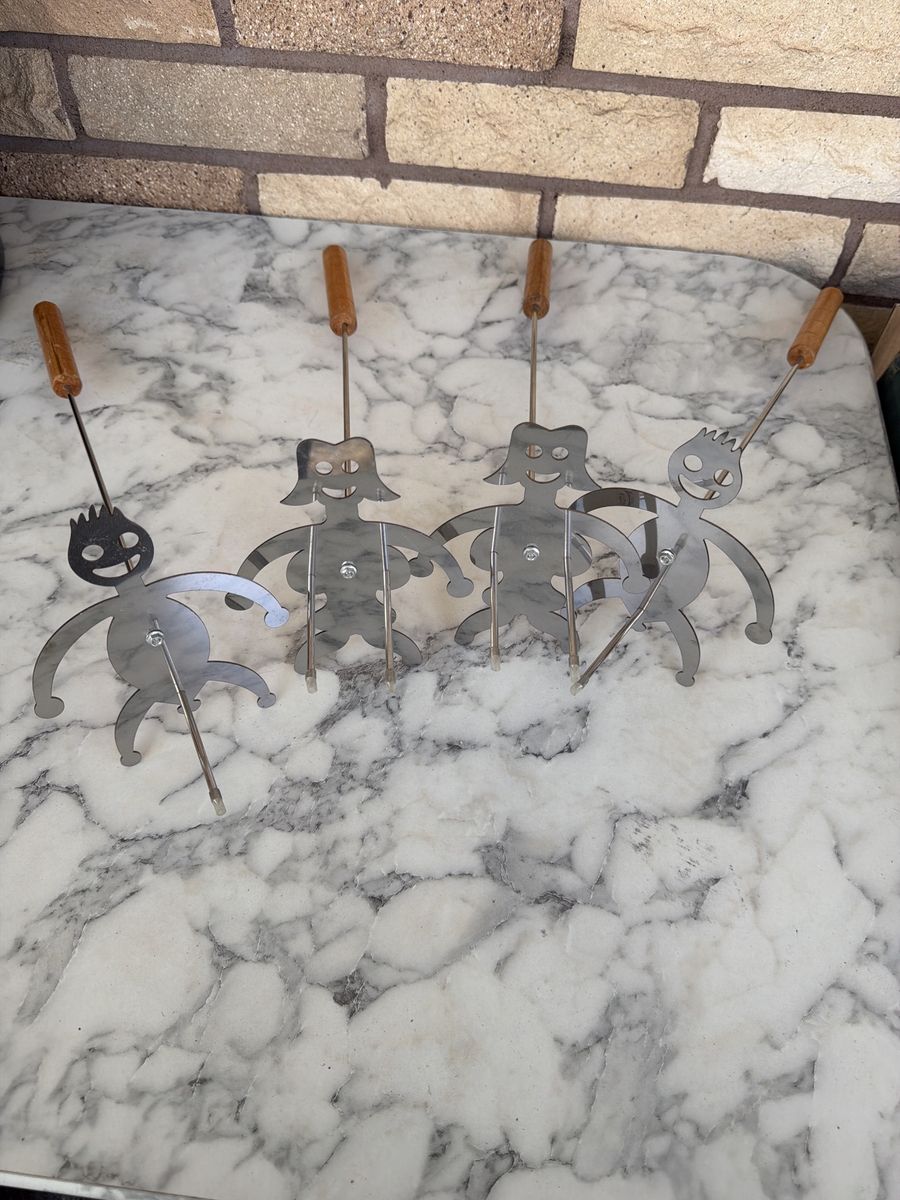 Novelty BBQ Skewers - Set of 4 Metal Character Grilling Sticks with Wooden Handles