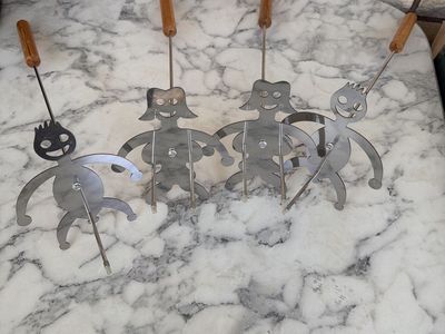 Novelty BBQ Skewers - Set of 4 Metal Character Grilling Sticks with Wooden Handles