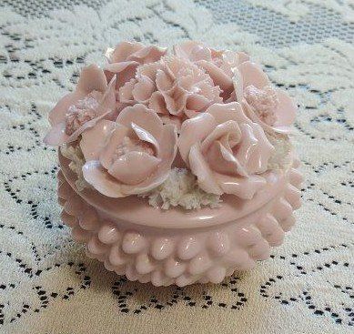 Vintage Fenton Pink Custard Glass Rose & Hobnail Candy Dish - LE Smith-Style Rose Decor, 4" Wide
