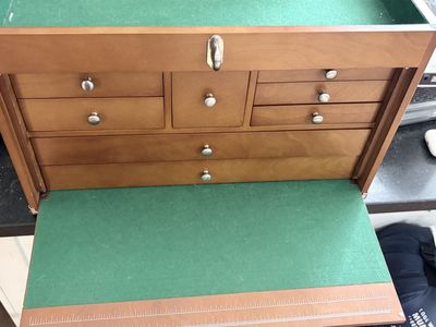 Vintage Wooden Desktop Organizer Chest with Multiple Drawers and Green Felt Lining