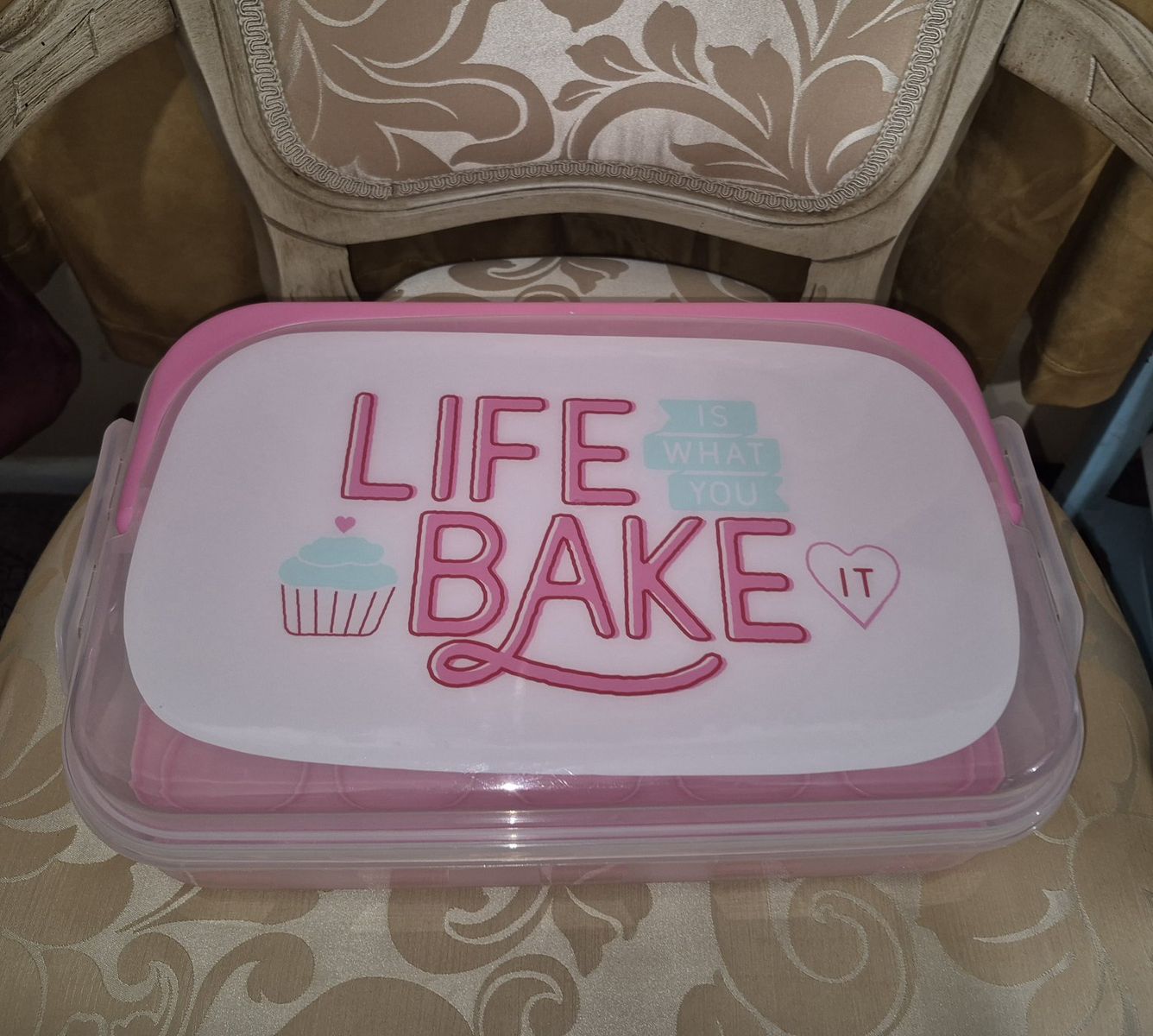 🩷 "Life Is What You Bake It" 14, 28, 42 Carrying Cupcake Holder with Handle Pink/Clear