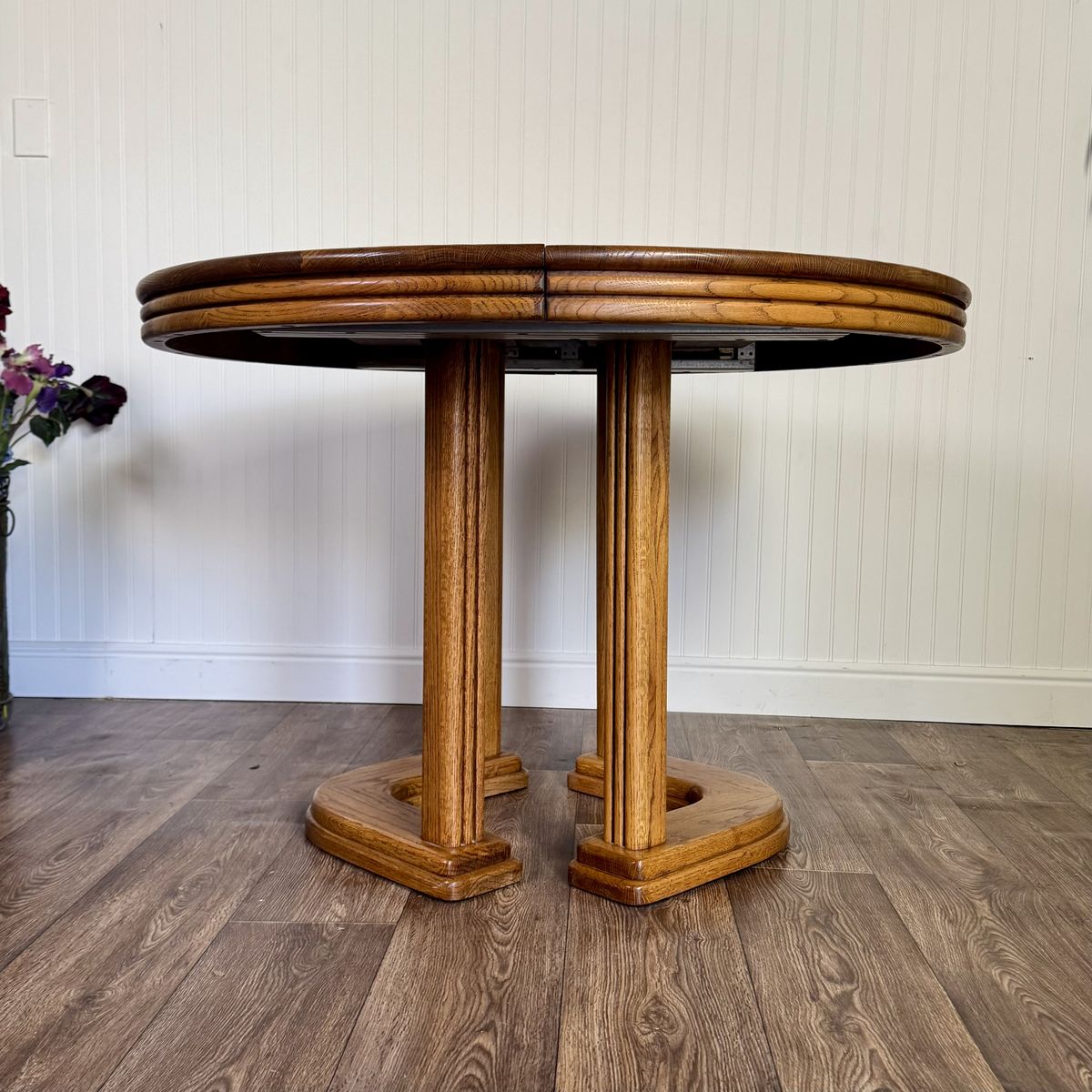 Vintage Postmodern Solid Wood Oak Pedestal Table