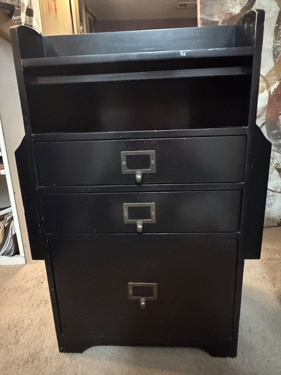Black Wooden File Cabinet Storage Desk Organizer with Drawers and Side Pockets