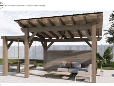 Shed Style Pavilion w/ Pergola, Bed Swing, Electrical & Installation – Home Show Unit – $12,000