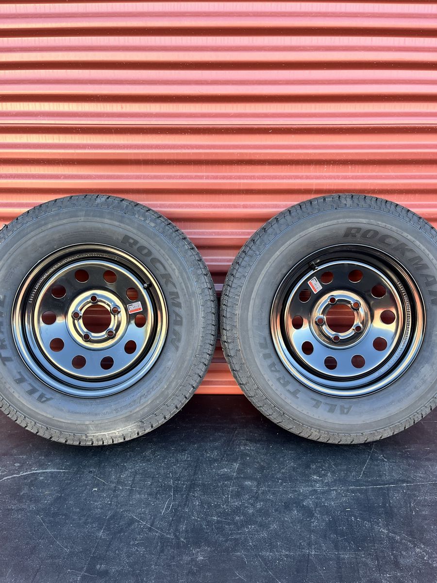 Set of 2 Free Country ST 205/75 R 15 Trailer Tires Mounted on New Black Mod Wheels 5 on 4.5 pattern Brand New