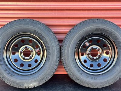 Set of 2 Free Country ST 205/75 R 15 Trailer Tires Mounted on New Black Mod Wheels 5 on 4.5 pattern Brand New