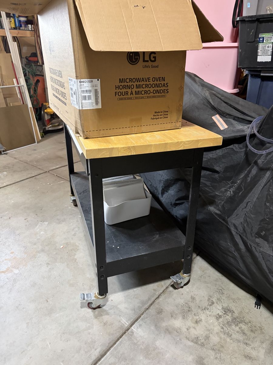 Mobile Rolling Workbench with Butcher Block Top and Lower Storage Shelf and 2 drawers