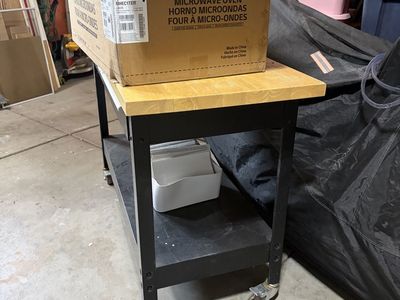 Mobile Rolling Workbench with Butcher Block Top and Lower Storage Shelf and 2 drawers