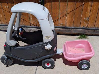 Little Tikes Cozy Coupe Car with Trailer - White/Black/Pink, Kids Ride-On Toy