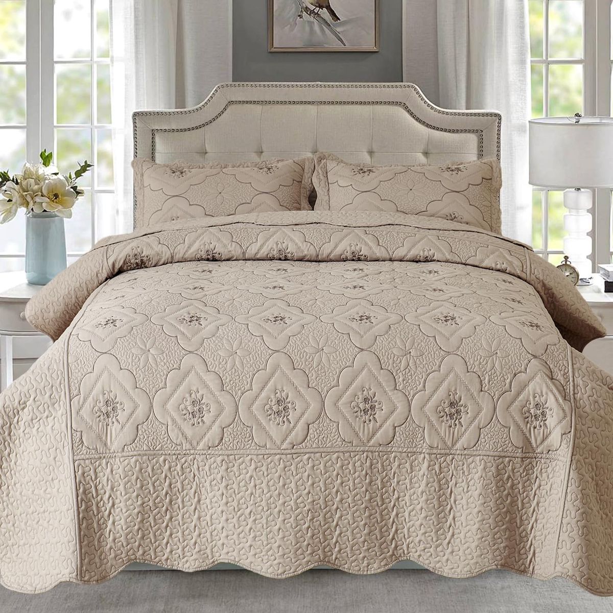 New! Oversized Floral Embroidery Quilt,3 Pieces California King Quilt Bedding Set,Classic Diamond Pattern Quilt