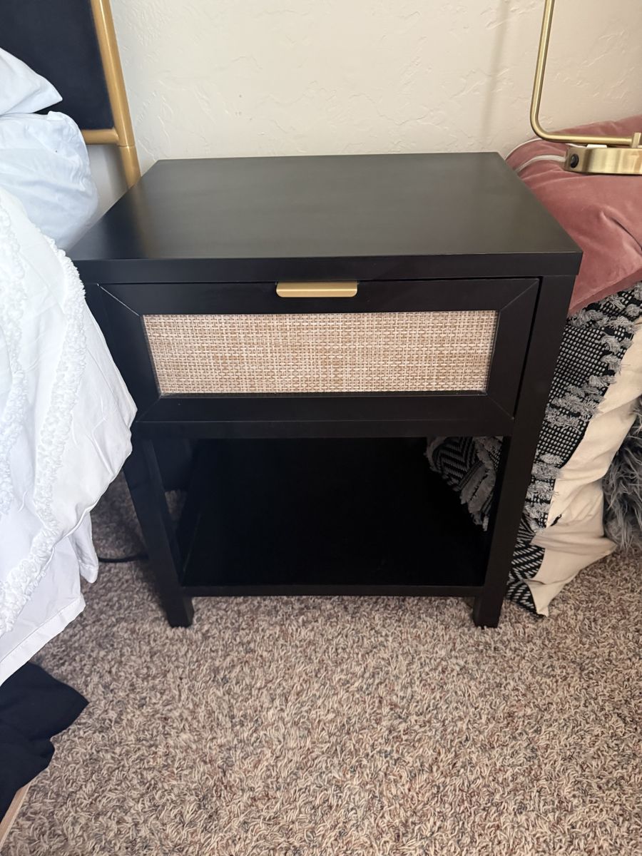 2 Black Nightstands with Woven Rattan Drawer and Gold Handle - Single Drawer, Open Shelf