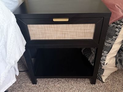 2 Black Nightstands with Woven Rattan Drawer and Gold Handle - Single Drawer, Open Shelf