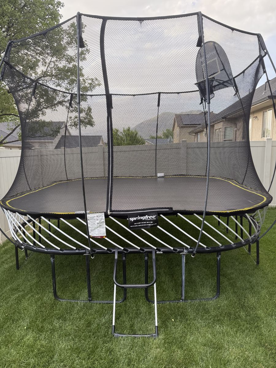 Springfree Trampoline - New Mat, Enclosure, Rods; Large Square 11' x 11'- Basketball Hoop, Ladder, Cover, and Anchors Included