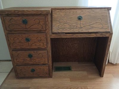 Vintage Oak Wood Secretary Desk with 4 Drawers and Drop-Down Writing Surface