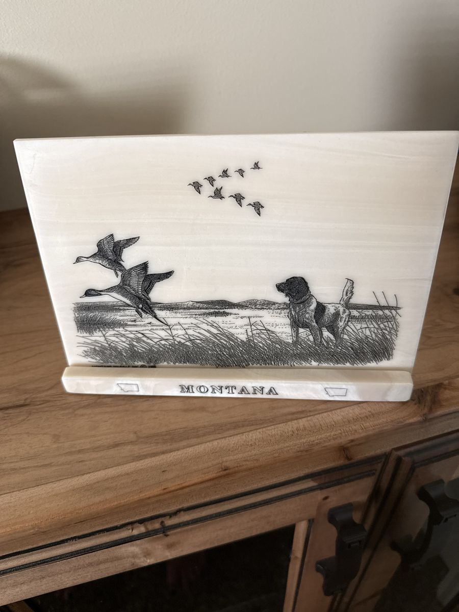 Montana Marble Etched Wildlife Hunting Scene Decor Piece with Stand