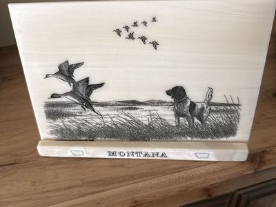 Montana Marble Etched Wildlife Hunting Scene Decor Piece with Stand