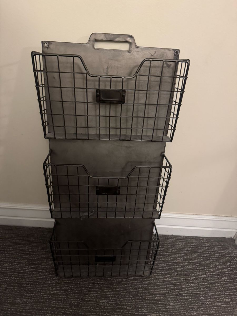 Industrial Metal 3-Tier Wall Hanging Basket Organizer with Label Holders.  Perfect for your dorm or home office