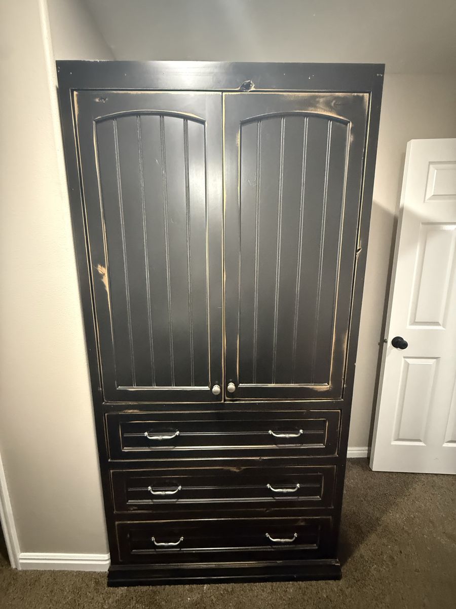 Distressed Black Armoire with 3 Drawers & Media Compartment - Versatile Storage Cabinet