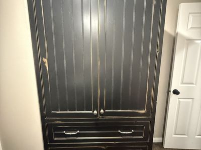 Distressed Black Armoire with 3 Drawers & Media Compartment - Versatile Storage Cabinet