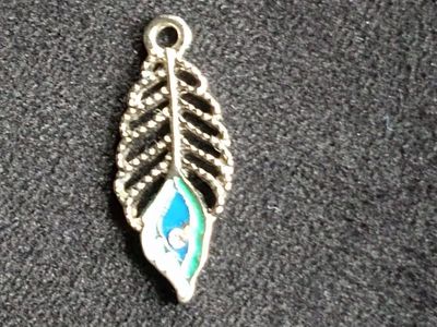 Vintage Silver-Tone Peacock Feather Charm Pendant with Blue and Green Enamel Accent