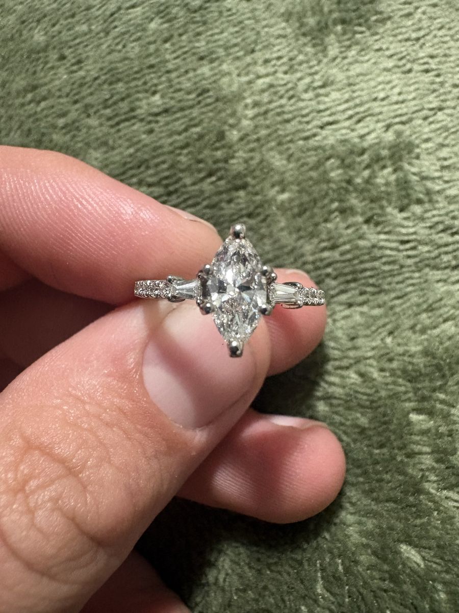 Marquise Cut Diamond Engagement Ring with Baguette and Pave Accents