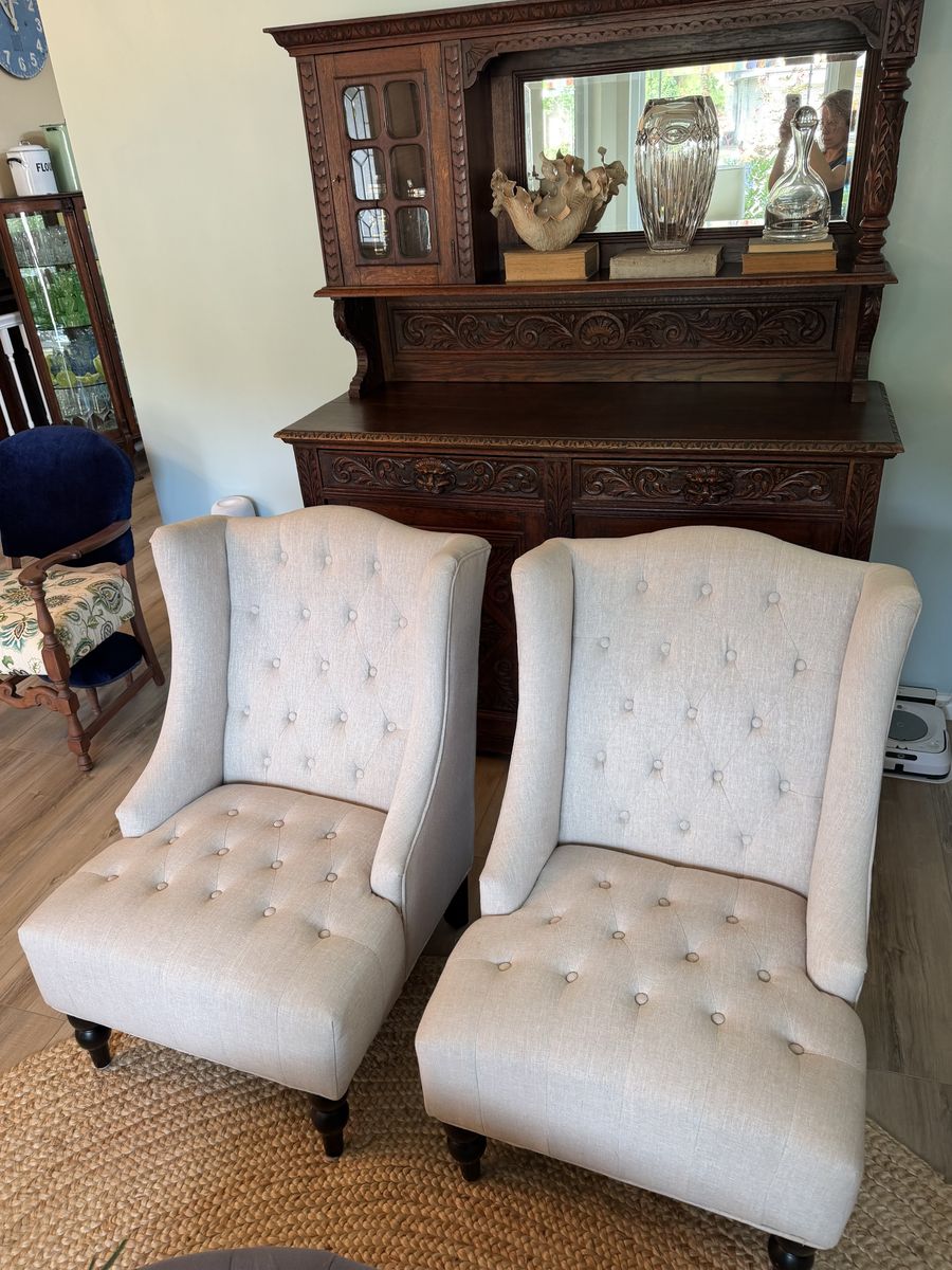 Set of 2 High Back Tufted Accent Chairs, Farmhouse/French Country