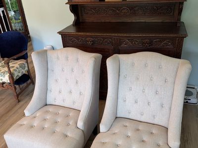 Set of 2 High Back Tufted Accent Chairs, Farmhouse/French Country