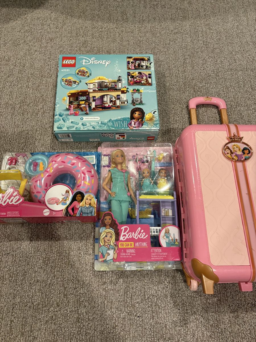 Assorted Toys Bundle - Barbie Doctor Playset, LEGO Disney Wish Set, Barbie Pool Float, and Princess Suitcase